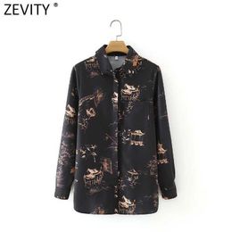 Zevity Women Vintage Digital Picture Print Casual Breasted Shirt Female Long Sleeve Blouse Roupas Chic Chemise Tops LS9064 210603