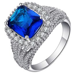 Full Micro Pave Cubic Zirconia Royal Blue Round Rings Jewellery Silver Colour Elegant Wedding And Engagement Rings For Women Bridal X0715