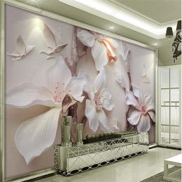 3D wallpaper Three-dimensional Relief White Magnolia View Butterfly Living Room Background Wall Decorative Painting