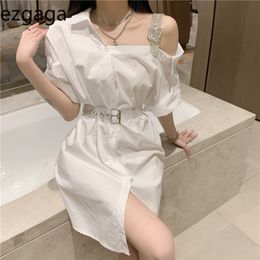 Ezgaga Casual Dress Women Off Shoulder Patchwork Solid High Waist Short Sleeve Spring Korean Fashion Bandage Dress Vestidos 210430