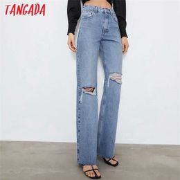 Tangada Fashion Women Hollow Ripped Blue Denim Jeans Pants Trousers High Waist Lady Pantalon 4M02 210809