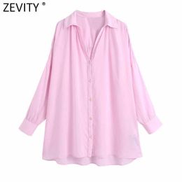 Zevity Women Simply Pink Colour Oversize Shirts Female Back Pleats Sunscreen Summer Blouse Roupas Chic Button Chemise Tops LS9369 210603