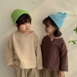 Spring Summer Children Solid Colour Cotton Linen T shirts Boys And Girls Loose Long Sleeve Tops For Kids Clothes 210615