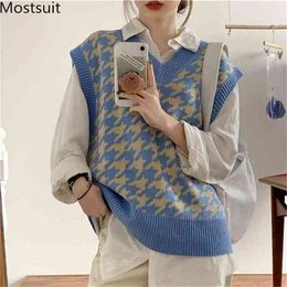 Autumn Houndstooth Vintage Knitted Sweater Vest Women V-neck Sleeveless Loose Fashion Ladies Pullovers Femme 210513