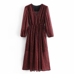 Women Summer Vintage Chiffon Dress 3/4 Sleeve Print V-Neck Buttons Drawstring Female Elegant Lining Street Dresses Vestido 210513