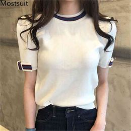 Summer Color-blocked Korean Knitted Tops T-shirts Women Bowtie Sleeve O-neck Casual Fashion Tees Tshirts Clothes 210513