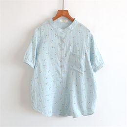 Summer Arts Style Women Short Sleeve Stand Collar Loose Shirts 100% Cotton Print Casual Blouse Tops Femme Blusas M79 210512