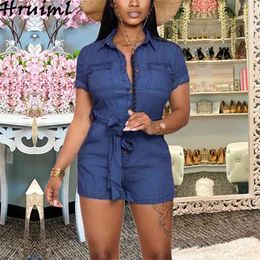 Denim Bodycon Jumpsuit Shorts Outfit Women Summer Short Sleeve Fashion Overalls Sashes Bodysuit Streetwear Plus Size 210513