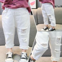 Jeans Children Ripped Hole Pants Baby Boy Girl White Ninth 1-6Y 2021 Spring Summer Kids Broken Denim Trousers