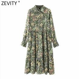 Women Vintage Floral Leaves Print Pleats Green Midi Shirt Dress Female Chic Flare Sleeve Casual Kimono Vestido DS8185 210416