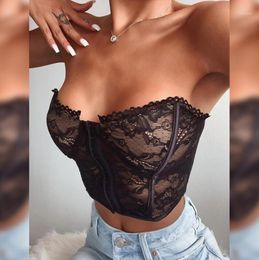 Bustiers & Corsets Black White Lace Corset Crop Bra Tops Women Summer Party See Through Sexy Bustier Front Hook Q51