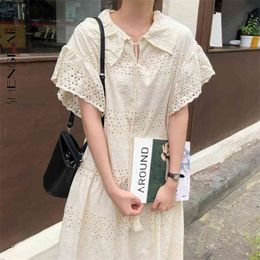 Hook Flower Hollow Dress Women's Summer Peter Pan Collar Flying Sleeve Mid-calf Dresses Female Tide 5E393 210427