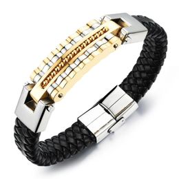 Tennis Black Leather Bracelet Men Charm Bangle Stainless Steel Fashion Jewelry Rock Chunky Men's Bracelets