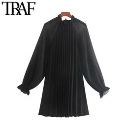 TRAF Women Elegant Fashion Office Wear Pleated Mini Dress Vintage High Collar See Through Sleeve Female Dresses Vestido 210415