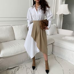 Women Clothes White Party Dress Office Irregular Shirt Elegant Long Sleeve Female Pleated Spring 2 Pieces 210422