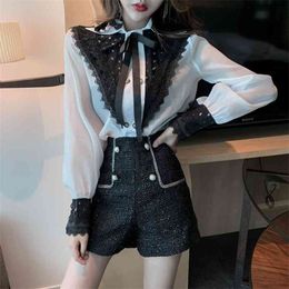 High Quality Spring Women Office Wear Two Piece suit Bow tie chiffon Perspective Long Sleeve Blouse+Tweed short pants set 210519