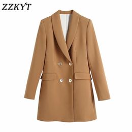 Women Spring Fashion Double Breasted Long Blazer Coat Vintage Sleeve Offlce Lady Female Outerwear Chic Veste Femme 211122