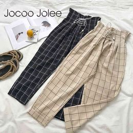 Japanese Harajuku Casual Pants Women Fashion Lace Up High Waist Ankle Length Loose Plaid Harem 210428