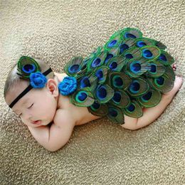 Born Baby Girls Peacock Feather Set 2pcs Funcy Outfit for Infant Bebe Pograph Dress+ Headband Lovely Suit 210529