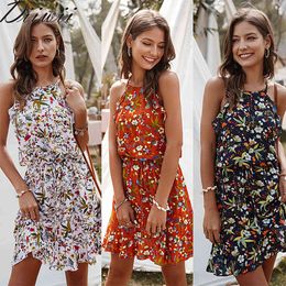 Diiwii Dress Women Summer Slim Halter Print Casual Sleeveless Ruffles Above Knee Mini Floral Wifh Girl Friend X0521