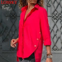 Women Office Lady Irregular Shirt Black White Red Long Sleeve Female Classic Blouse Summer Shirts Tops Plus Size Blusas 210719
