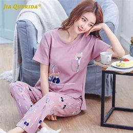 Fashion Spring Pajamas Sets Homesuit Homeclothes Short Sleeve Long Pants Cartoon Printing Crew Neck Sleepwear Pj Set 210809