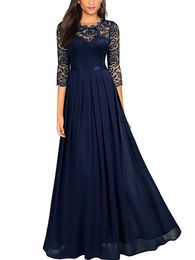 Donne Party Maxi Dresses Chiffon Cuciture in chiffon Pizzo Sexy Scava Out Pleated Crew Neck A-Line Banquet Dress Banchetto