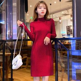Knitted Women Long Sleeve Dress Autumn Winter Warm Straight Turtleneck Pullover Sweater Slim fit es 210507