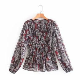 Vintage Women Flower Printed Chiffon Pleated Shirts Female Smock Long Sleeve Blouses Casual Lady Loose Tops Blusas S8226 210430