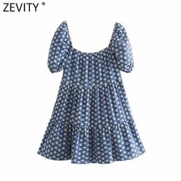 Zevity Women Vintage Square Collar Puff Sleeve Hollow Out Embroidery Mini Dress Chic Female Pleats Casual Vestido DS8365 210603