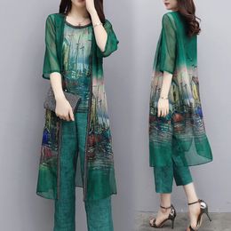 Spring Summer 3 Piece Set Green Elegant Chiffon Vest +Open Stitch Cardigan+Pants Plus Size Casual Fashion Printed Women Suit 4XL X0428