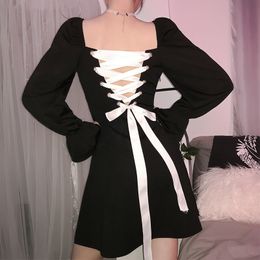 A- line Dress Women Clothes Long-Sleeve High waist Back Cross Straps Little Black vintage Elegant 575i 210420