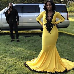 Custom Yellow Long Sleeves Mermaid Prom Dresses with Appliques Sweep Train Lace-up Back Formal Evening Gowns