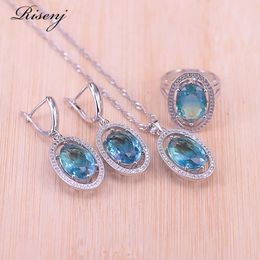 Risenj Magic Sky Blue Stone Silver Colour Costume Jewellery Set For Women Big Oval Bridal Jewellery Set Earrings Ring Necklace Set H1022