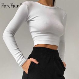 Forefair Long Sleeve Ribbed T Shirt Women Autumn Ladies Underwear Solid Slim O Neck Knitted Women Sexy Crop Tops Y0629