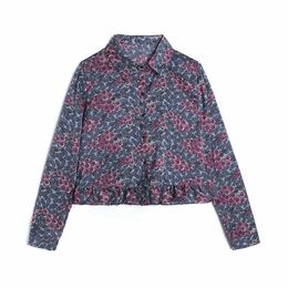 Vintage Women Fruits Print Shirts Fashion Ladies Turn Down Collar Tops Streetwear Female Chic Ruffles Blouses 210527