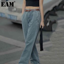 [EAM] High Waist Black Blue Denim Big Size Wide Leg Trousers Loose Fit Pants Women Fashion Spring Autumn 1DD6574 210512