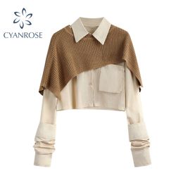 Autumn Fashion Women Two Pieces Sets Long Sleeve Short Blouse Shirt + Solid Knitted Pullover Crop Shawl Sweater Female Tops 210417