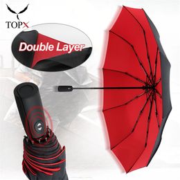 Double Layer Automatic Umbrella Rain Women 3 Fold Strong Windproof Female Male 10K Large Parasol Men Business Umbrellas 210721