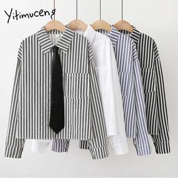 Yitimuceng Vintage Striped Necktie Blouse Women Pockets Shirts Loose Spring Turn-down Collar Long Sleeve Necktie Tops 210601