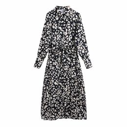 Spring Women Leopard Print Sashes Midi Shirt Dress Female Long Sleeve Clothes Casual Lady Loose Vestido D7098 210430