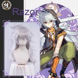 UWOWO Game Genshin Impact Razor Cosplay Wig Silver Gray Wigs Cosplay 90cm Long Hair Heat Resistant Synthetic Y0903