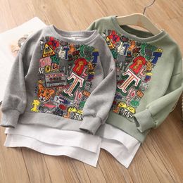 Spring Autumn 3 4 6-10 12 Years Child Hoodies O-Neck Graffiti Print Fake 2 Pcs Patchwork Sweatershirts For Kids Baby Girls 210529