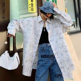 Personality Flower Printed Blouse Women's Spring Lapel Large Size Single Breasted Long Sleeve Fold Shirt 210427
