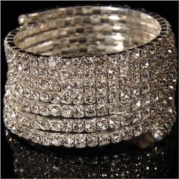 Women's Clear Crystal Elegant Party Stretch Bridal Bracelet For Wedding Costume Rhinestone Jewellery 10 Row Bangle