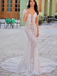 Arabic Aso Ebi 2021 Mermaid Sparkly Sexy Wedding Gowns Sheer Neck Lace Long Sleeves Sequined Bridal Dresses ZJ477