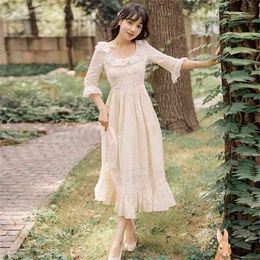 Embroidery Lace Dresses for Woman Apricot Summer Vintage Party Vestido High Waisted Maxi Female Runway Clothes 210603