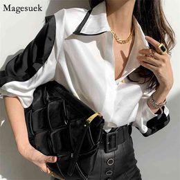 Single-breasted White Blouse Shirts Women Satin Silk Office Blosues Casual Long Sleeve Female Shirt Tops Femme 12724 210512