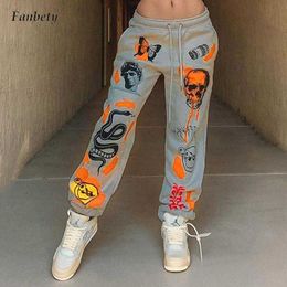 2021 Harajuku Fashion Pattern Print Sport Pants Autumn Winter Casual High Waist Drawstring Trouser Women Thick Loose Sweatpants Q0801