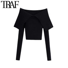 TRAF Women Fashion With Exposed Shoulders Fitted Knitted Sweater Vintage V Neck Long Sleeve Female Pullovers Chic Tops 210415